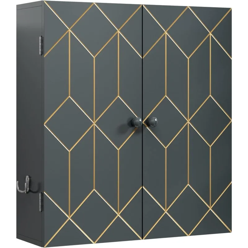 

Bathroom Cabinet with Gold Trim, Wall-Mounted Bathroom Storage Cabinet with Adjustable Shelves and Side Hooks, Frameless Grey