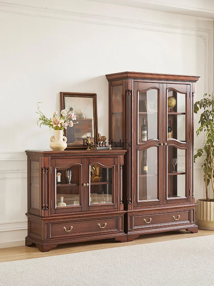 

yj19 American Style Solid Wood Low Wine Cabinet Living Room Black Walnut Two-Door Small Display Sideboard Decorative Cabinet