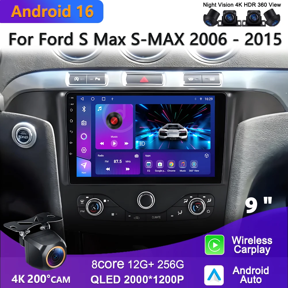 2K Incell Screen Android 16 Car Radio Wireless Carplay For Ford S Max S-MAX 2006-2015 For Ford Galaxy 2014 Multimedia Player GPS
