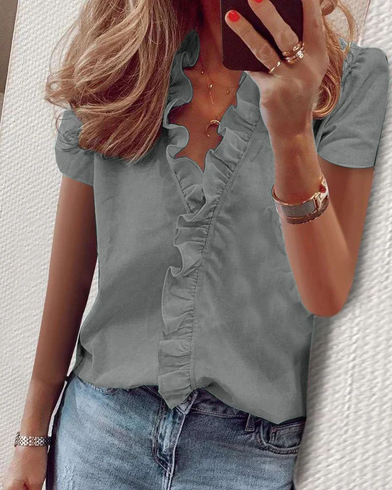 Spring Summer Short Sleeve Womens Tops Shirts Casual Ruffles V-Neck Office Blouses Ladies Camisas De Mujer Elegant Women Shirts