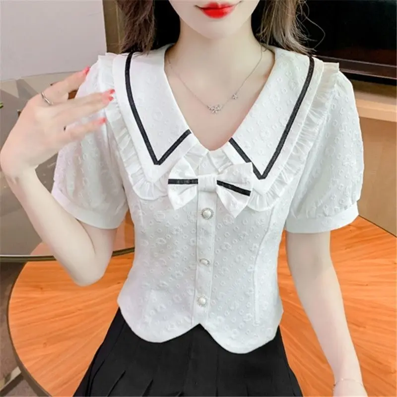 

Рубашка с кукольным воротником для женщин с короткими рукавами, новый возрастной красивый тонкий шикарный топ