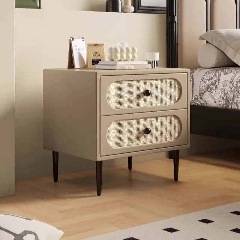 

Solid wood antique black walnut leather bedside table rattan simple modern American retro bedroom storage side cabinet