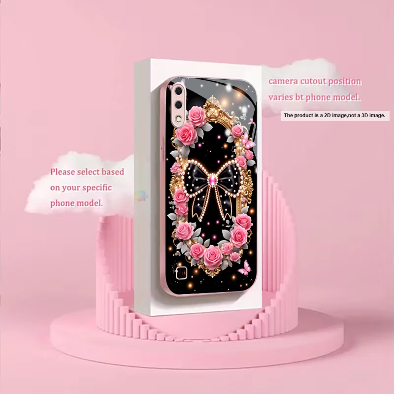 Luxury Pearl Bow Roses Pink Metallic Glass Phone Case For Samsung A01/A02/A03Core/A04/A04e/A05/A05s/A07/A10/A10s/A12/A13 Cover