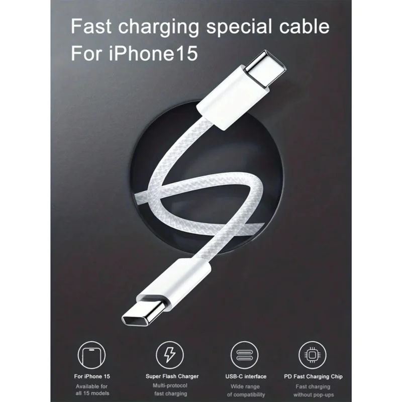 1/2PCS Double C-Type Braided Data Cable Fast Charge PD66W Compatible with iPhone 15/16 Promax - Apple Fast Charge Cable