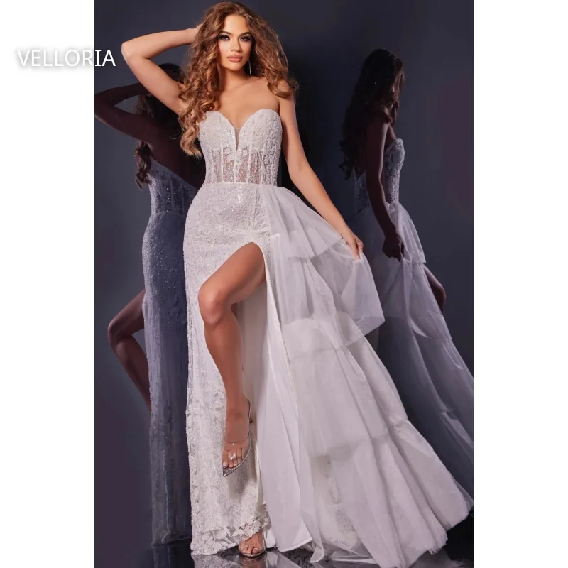 Vestido de noite feminino de renda branca sexy alta fenda sem alças vestido de festa de casamento luxo brilhante grânulo bordado vestido de baile personalizado