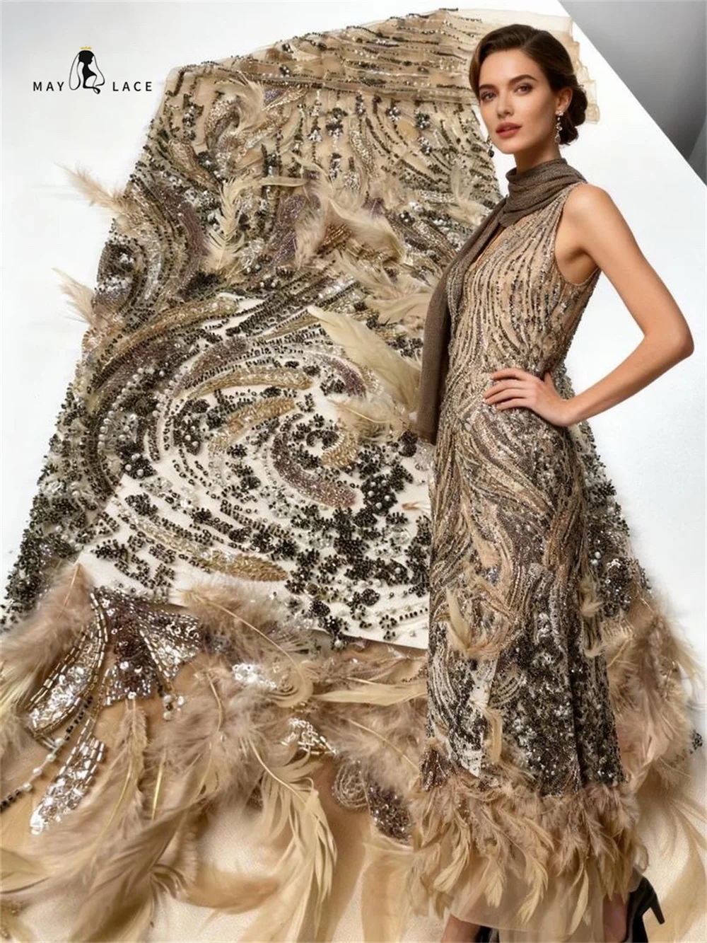 

3D Feather European Luxury Bridal Wedding Dress Lace Fabric 2025 France Nigeria Beaded Sequin Lace Fabric Wedding Women Material