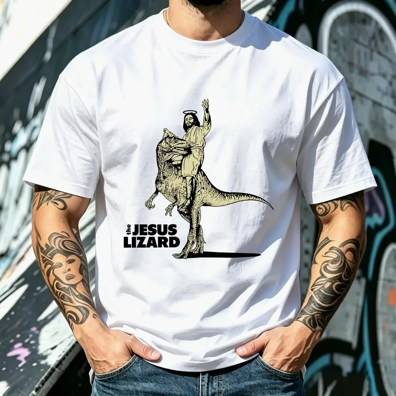 washed T Shirt The Jesus Lizard Mudhoney Dinosaur Riding Meme Top 1446 vintage Washed Unisex Casual graphic Soft