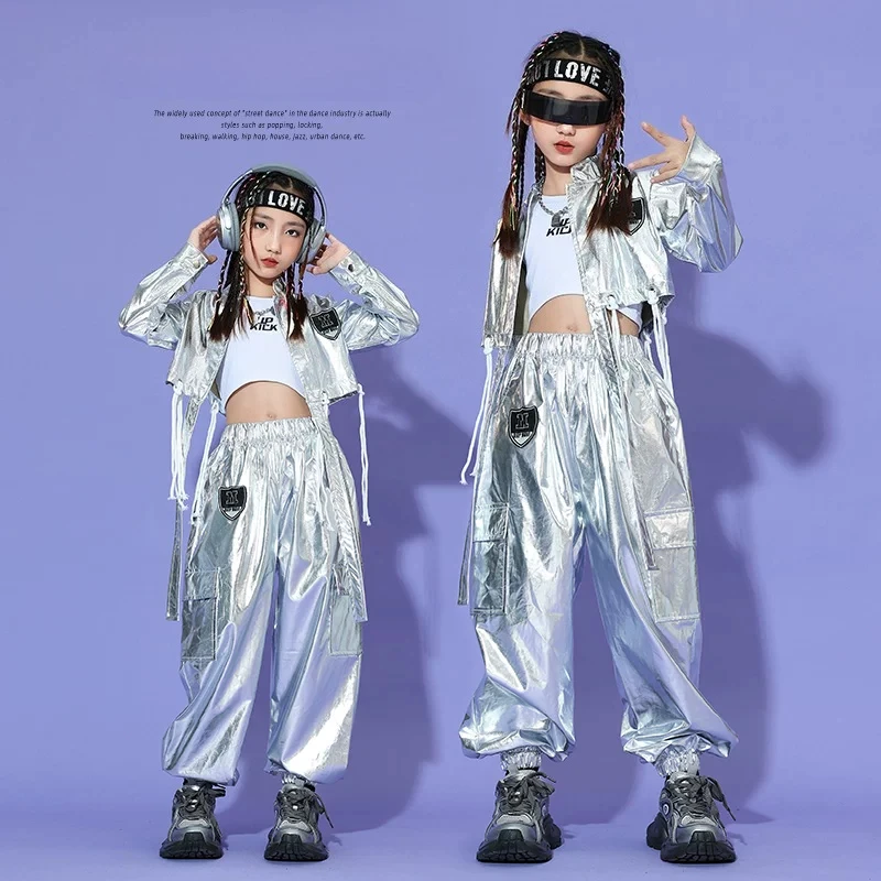 Novo traje de hip hop para crianças jaqueta de prata calças manga longa roupas de dança de rua adolescentes meninas jazz palco desempenho wear
