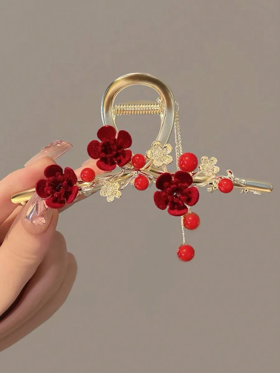 

Red Floral Bead Tassel Hair Claw Clip For Women Elegant Hair Accessory