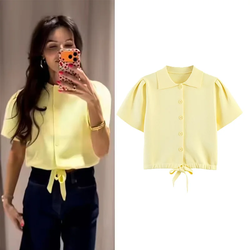 Women's Cardigan with Tie New 2026 Spring Summer Lapel Collar Short Puff Sleeve Knitted Solid Lady Sweater Elastic Female Tops
