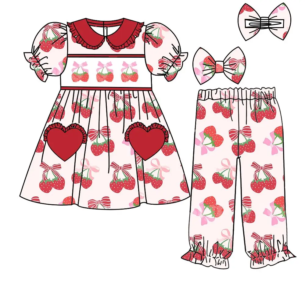 High Quality Girls Strawberry Cherry Print Short Sleeve Long Pants Girls Heart Pocket Pajama Set Duck Christmas Tree Girls Set