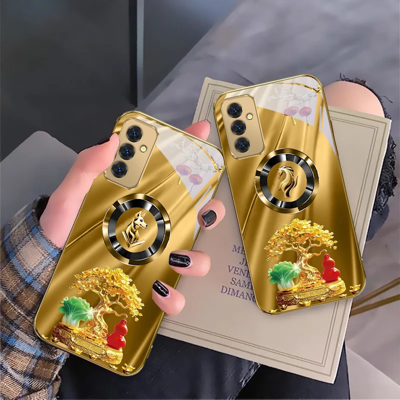 Horse Head Treasure Tree For Samsung Galaxy S 21 S22 S23 Plus S24 Ultra S20 FE 25Ultra S21+ S9+ 22Plus Golden glass phone case