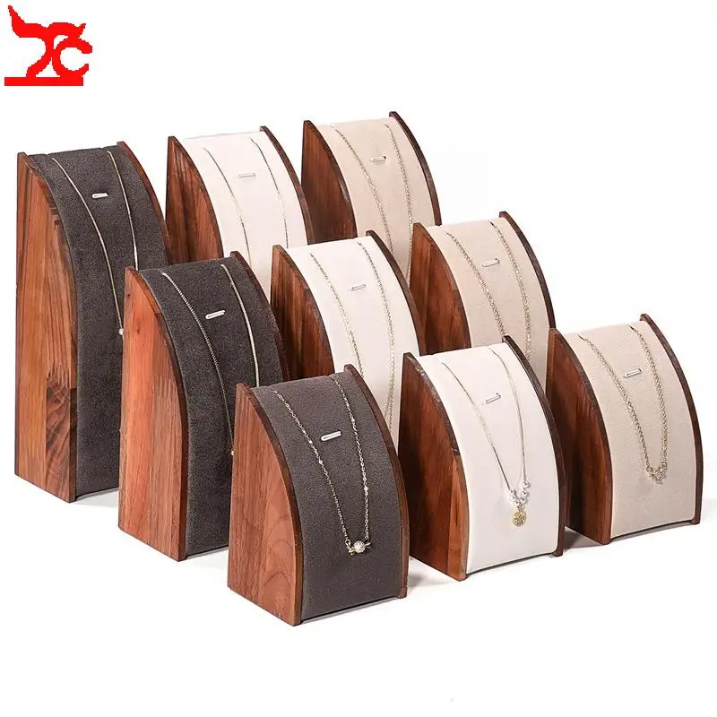 

Walnut Wood Necklace Pendant Curved Display Stand Beige Gray Fabric White Leather Jewelry Holder for Retail Showcase