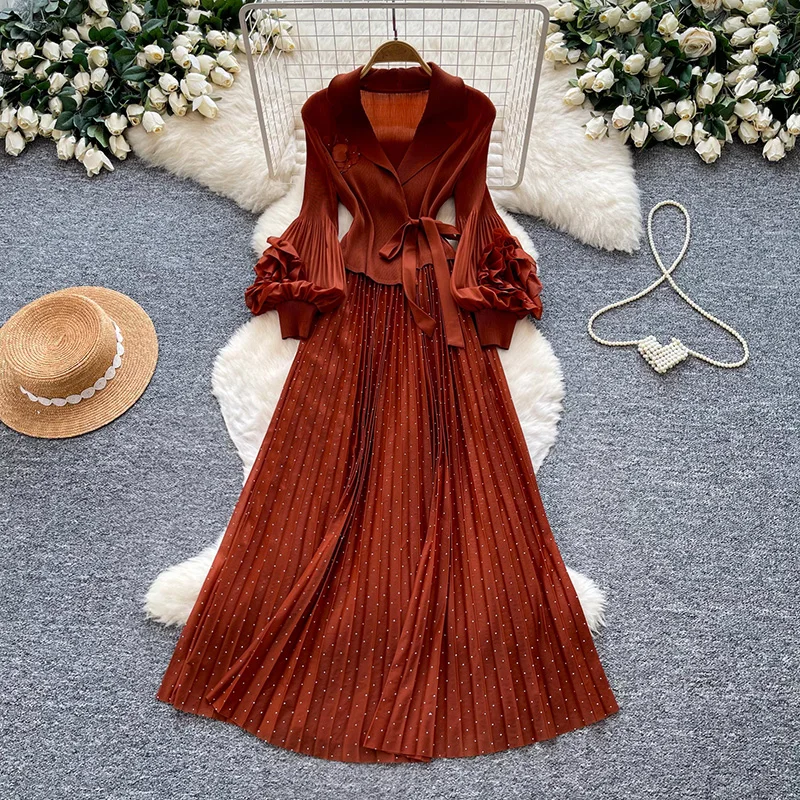Women's Dress Retro Polka Dot Puff/Lantern Sleeve Tie Waist Pleated A-Line Elegant Office Lady Outfit Female Maxi Vestido DS593