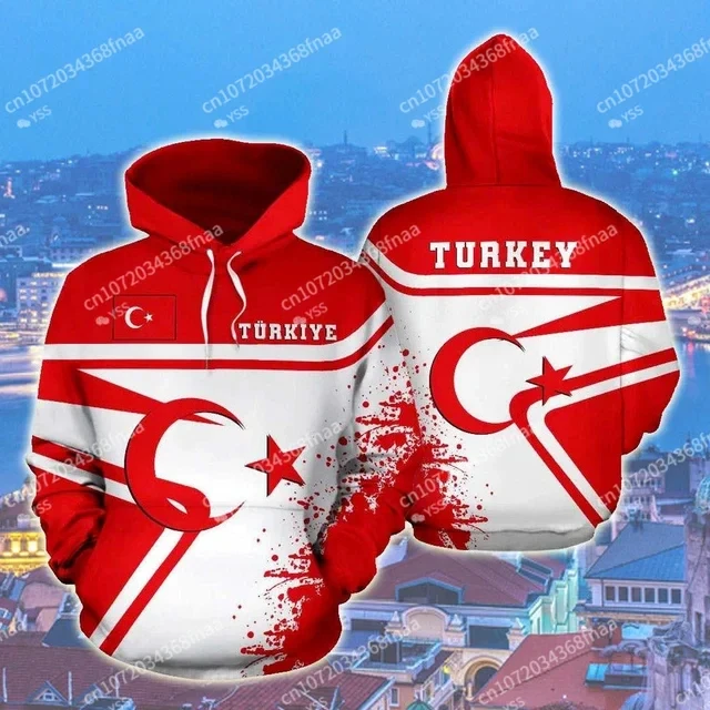 

2024 New 3D Printing National Emblem Türkiye Flag Hoodie Sweatshirt Zipper Hooded Men's Street Fashion Casual Dress Style