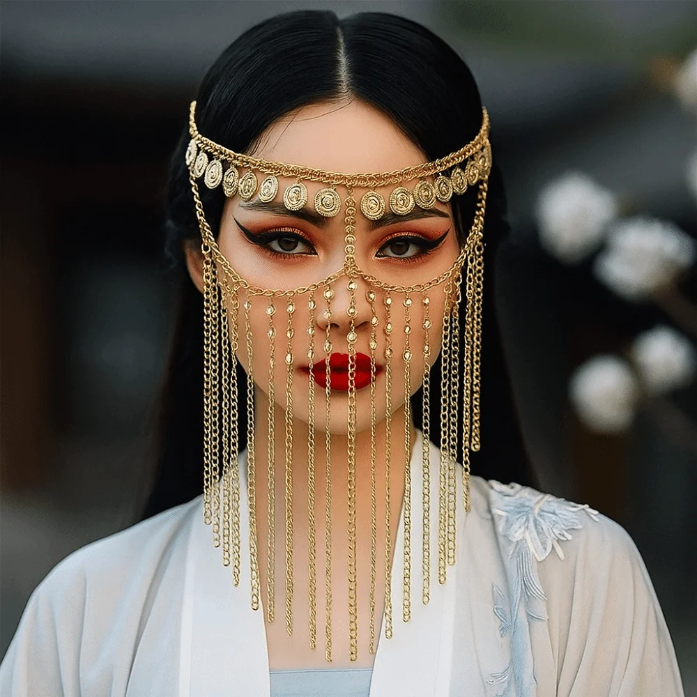 

Face Decor Coin Bell Belly Dance Face Veil Gold Rhinestone Curtain Head Chain Long Tassel Boho Masquerade Mask Middle East