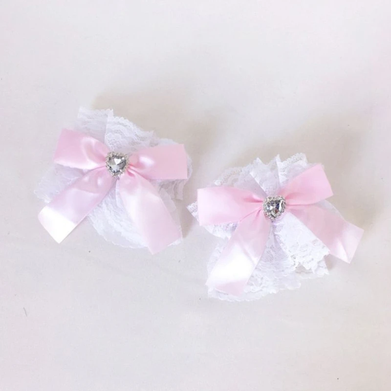 1 par de muñequeras góticas de Lolita, dulce lazo de satén con volantes, pulsera de tul de encaje Floral, funda de mano para Cosplay de sirvienta japonesa