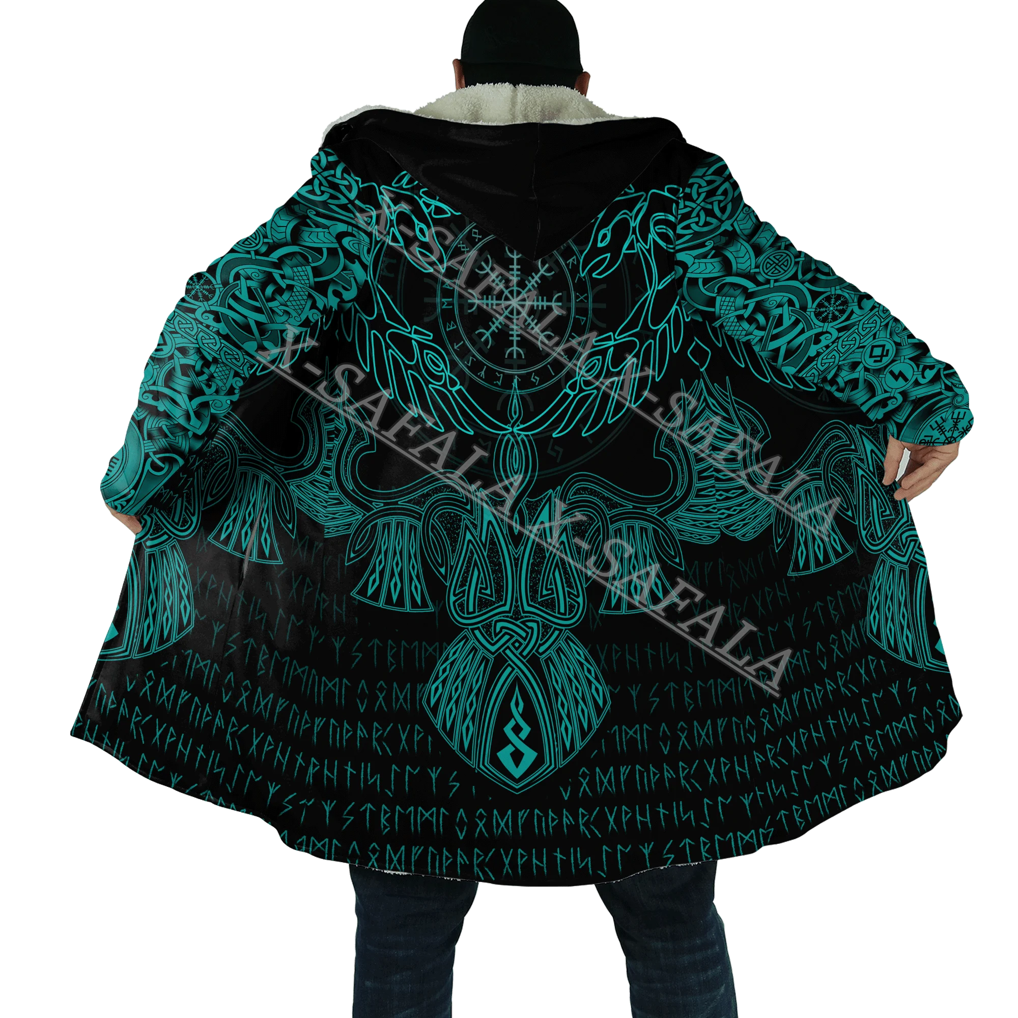 

Viking Axe Sign Tattood Wolf Warrior Customized Thick Warm Hooded Cloak Men Overcoat Coat Windproof Fleece Cape Robe Blanket-2