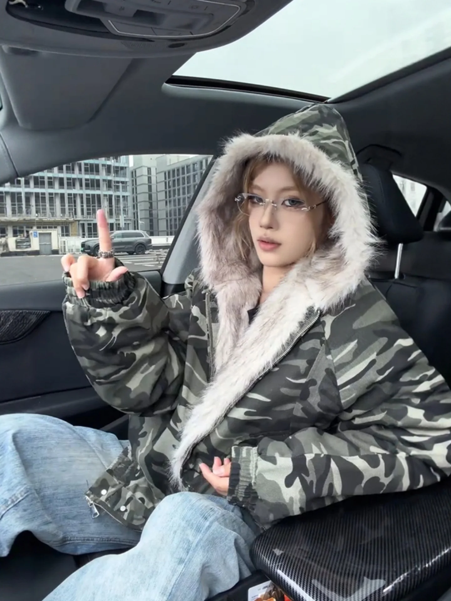 

Camouflage Hooded Cotton Jaet Men's Women's Winter Warmth Anti-Cold Fur Collar Faionable American Brand Design