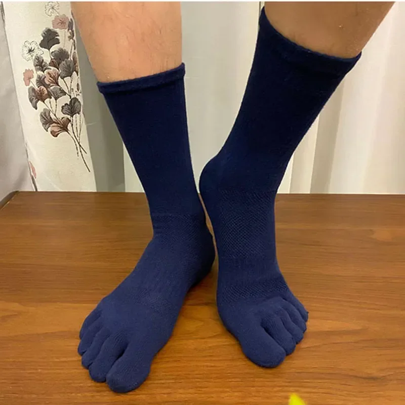 New Long Mens Toe Compression Socks Solid Color Thick Cotton Man Mesh Breathable Sweat Absorbing Sport 5  Finger Socks