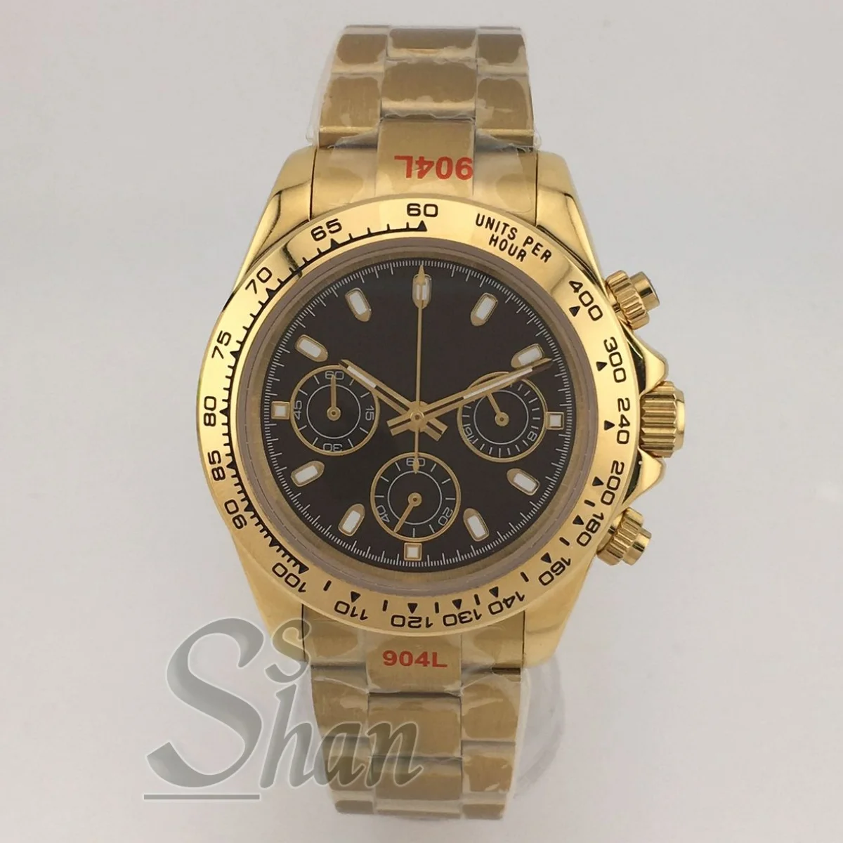 

Роскошные кварцевые хронографы VK63, 39 мм, золотые деловые мужские часы VK63, спортивные сапфировое стекло, зеленый светящийся черный циферблат