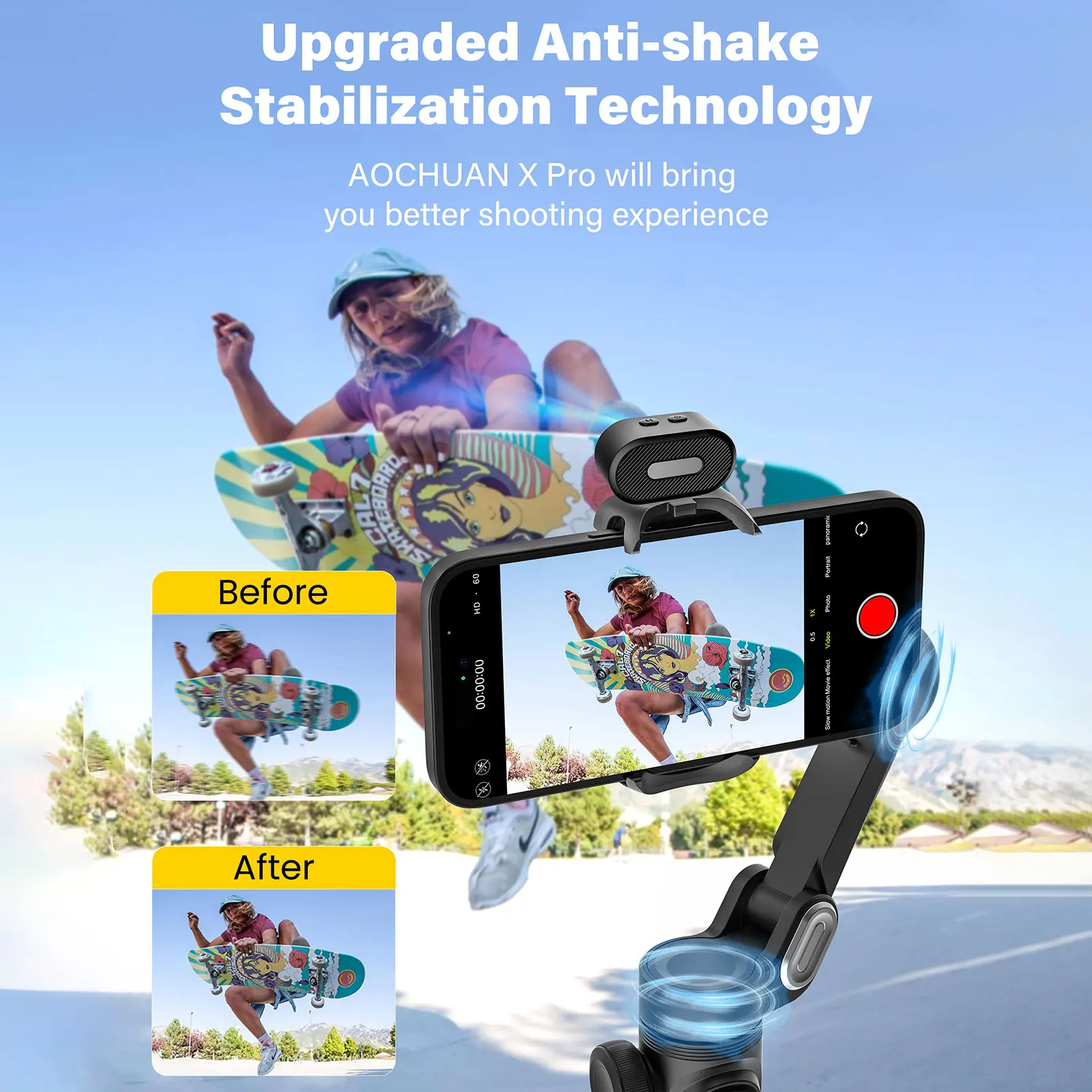 AOCHUAN Smart XPro AI Black Smartphone Gimbal Stabilizer 3-axis Stabilizer for iPhone&Android Tracking Sensor(No App)