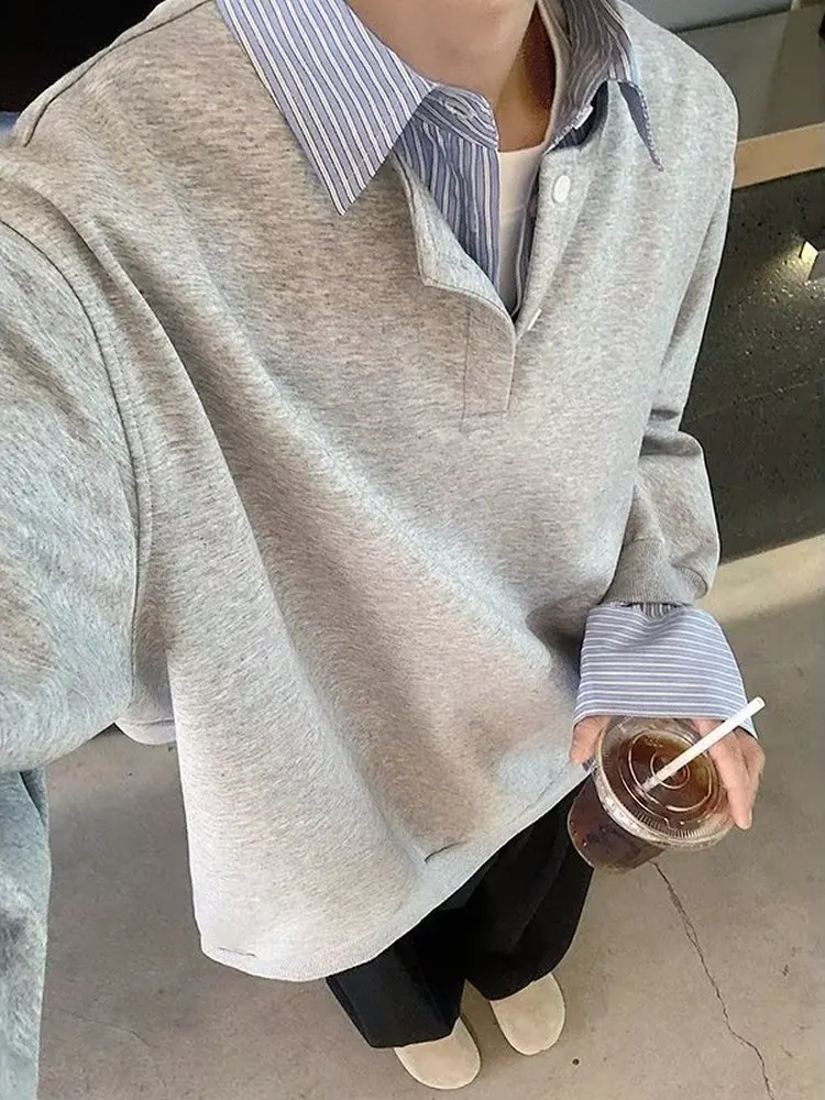 Men's Casual Long Sleeve Shirt Henry Style Stand Collar Fake Two-Piece Loose Fit Autumn Spring Season Versatile Inner Layer