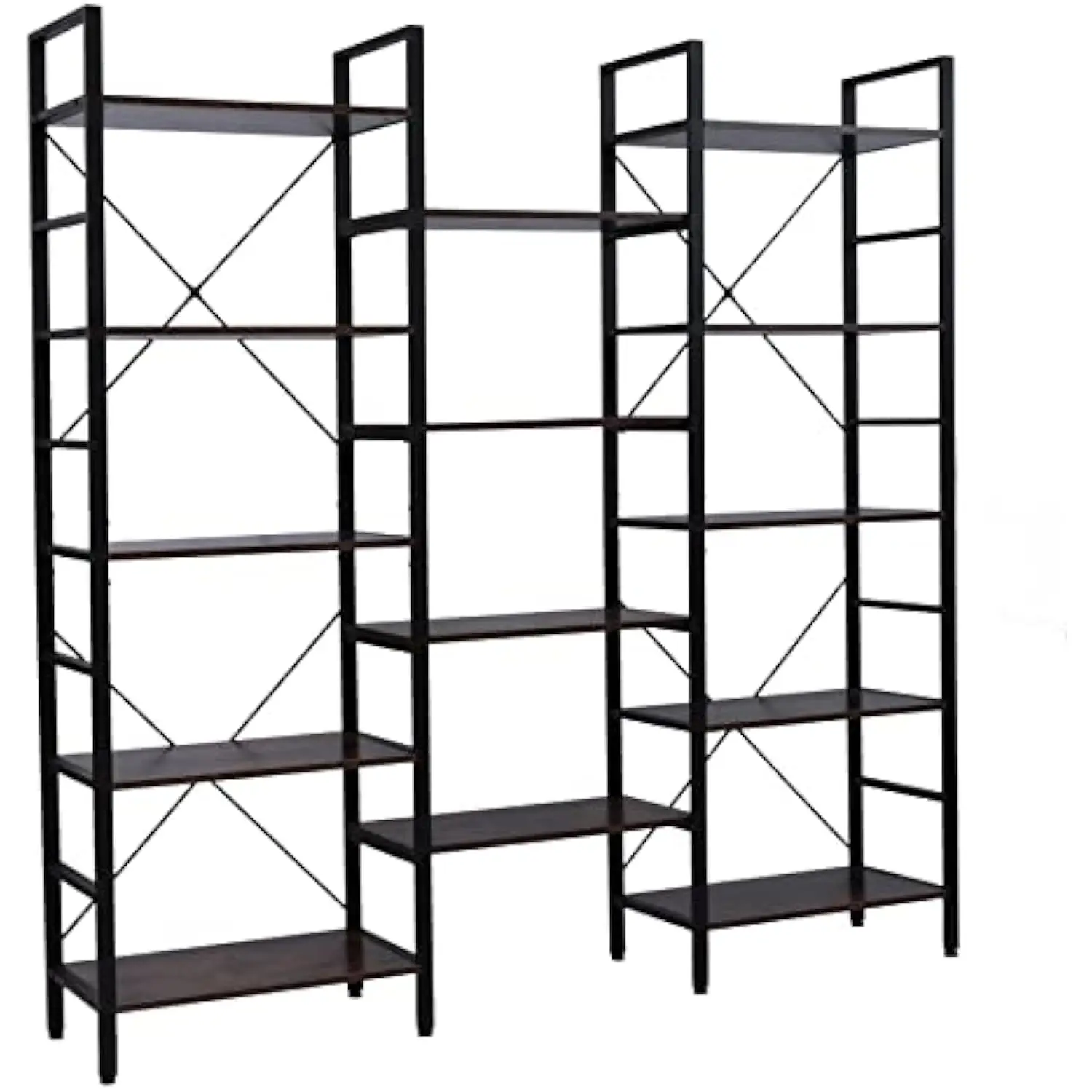 

Triple 5-Shelf Bookcase, Extra Large Open Bookshelf, 70 Inch Tall Bookcase Vintage Industrial Style Shelves Wood and Metal Boo