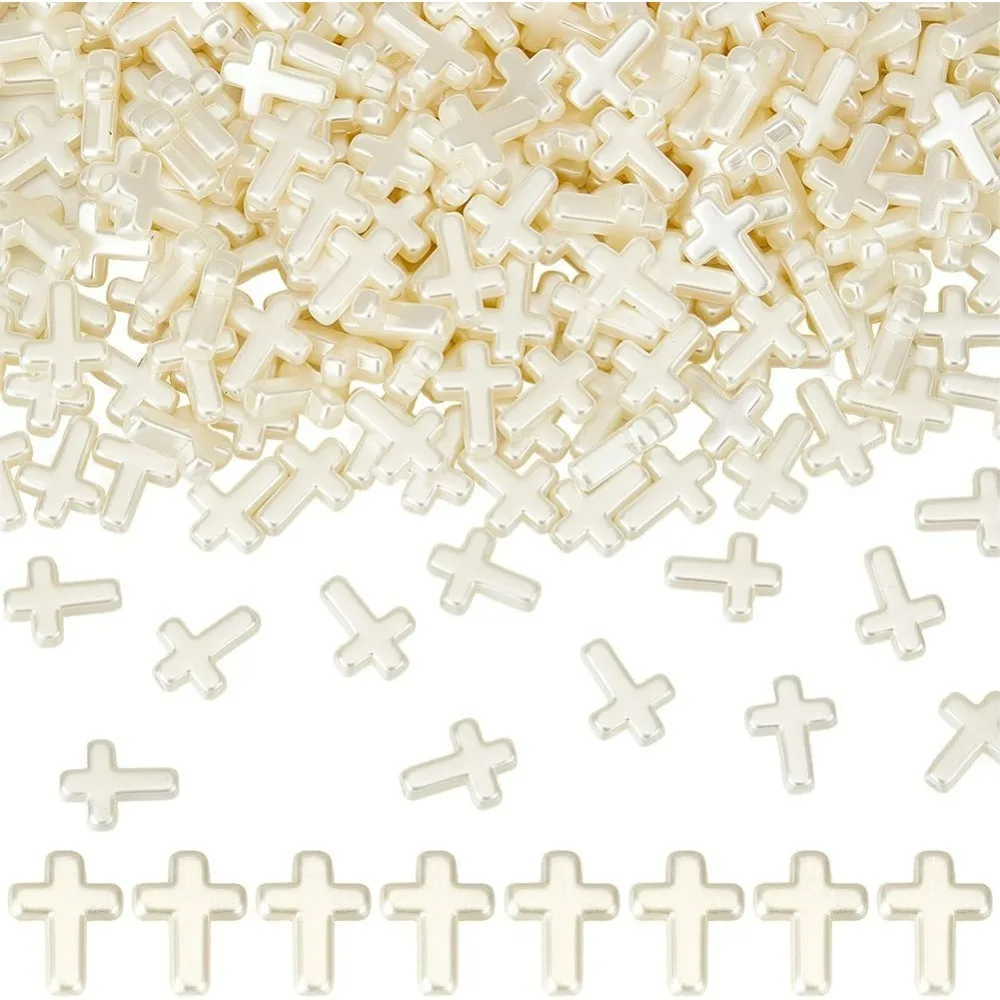 1 caja de 300 Uds. Cuentas cruzadas blancas, cuentas cruzadas pequeñas a granel, Rosario de domingo de plástico puro, espaciador suelto, crucifijo, cuentas de perlas de imitación