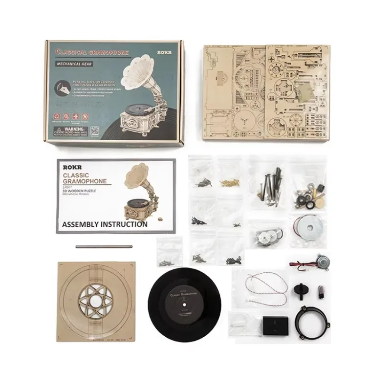 ได้รับการรับรองใหม่ยอดนิยม Handmade ประกอบปริศนาไม้ชุดของขวัญไม้คลาสสิก Gramophone ของเล่น