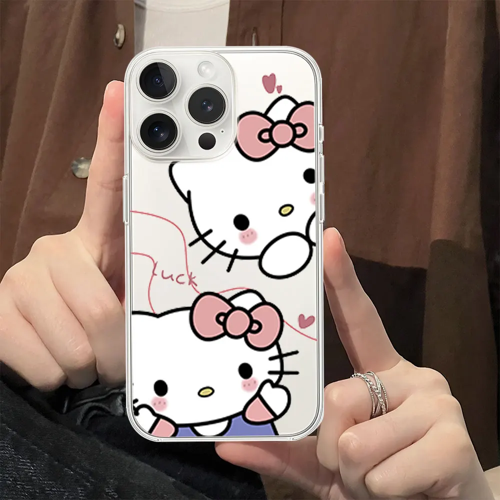 MINISO-caixa de telefone rosa Hello Kitty para iPhone, INS, transparente, Soft Shell, 11, 12, 13, 14, 15, 16 Max, Pro, Plus