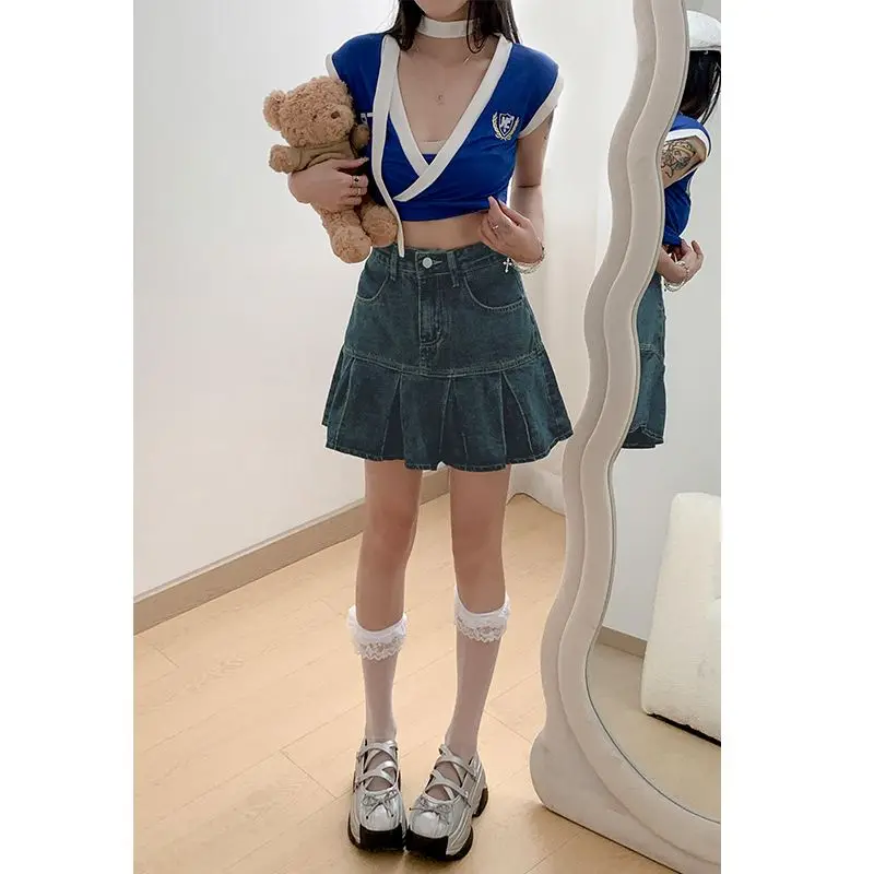 

Women's summer street retro hip hugging short skirt retro blue high waisted pleated skirt slimming short skirt A-line half body