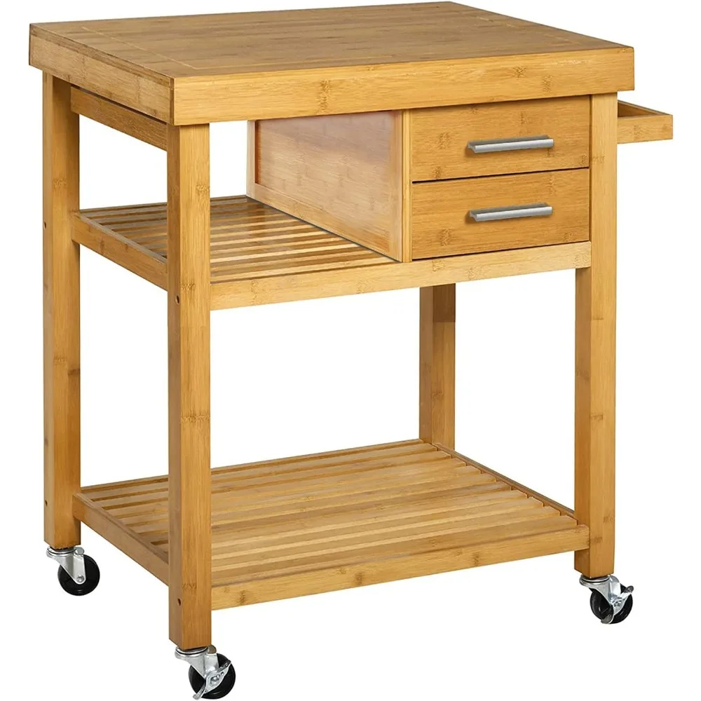 Kitchen Island Cart with Drawers, Shelves, Towel Bar, Locking Wheels, and Butcher Block Top for Food Preparation