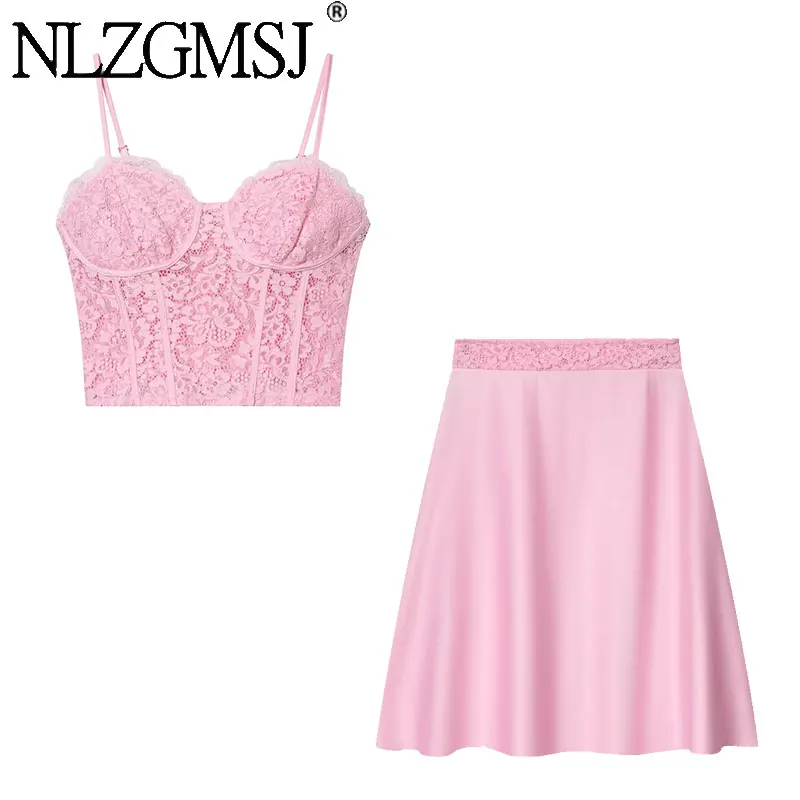 

NLZGMSJ Lace Patchwork Women Suit Sleeveless Halter Short Tops Long Straight Ruffles Skirt Fashion 2026 Spring Holiday Sets