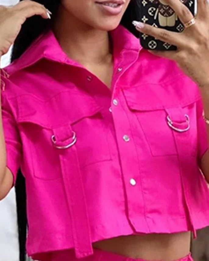 두 조각 세트 여성 복장 2025 여름 턴 다운 칼라 플랩 디테일 버튼 크롭 탑 & 캐주얼 포켓 디자인 데일리 반바지 세트