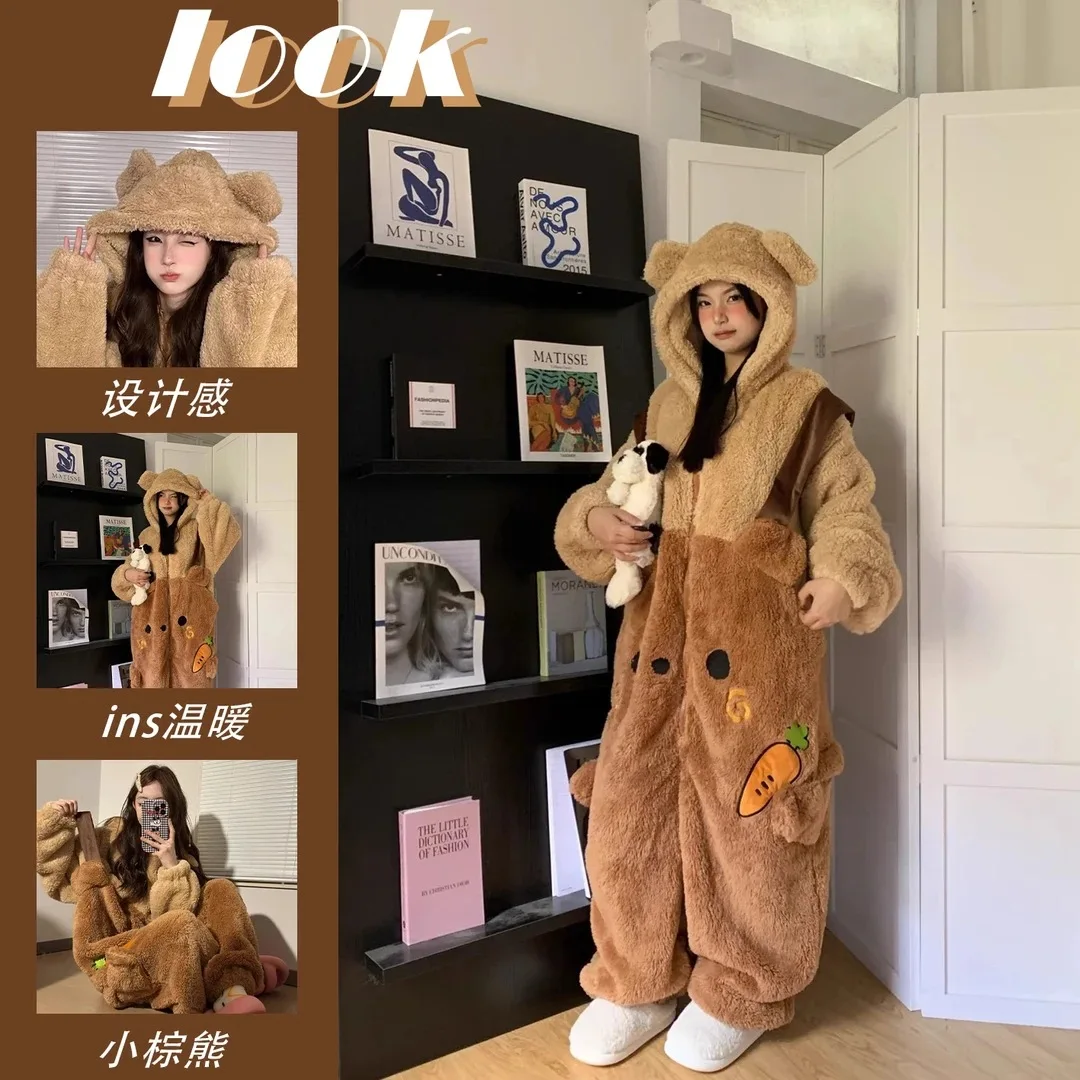 Pijamas de mujer con capucha de lana coral ropa de dormir para dormir juntos forro polar grueso invierno nuevo modelo conjunto de pijama para el hogar