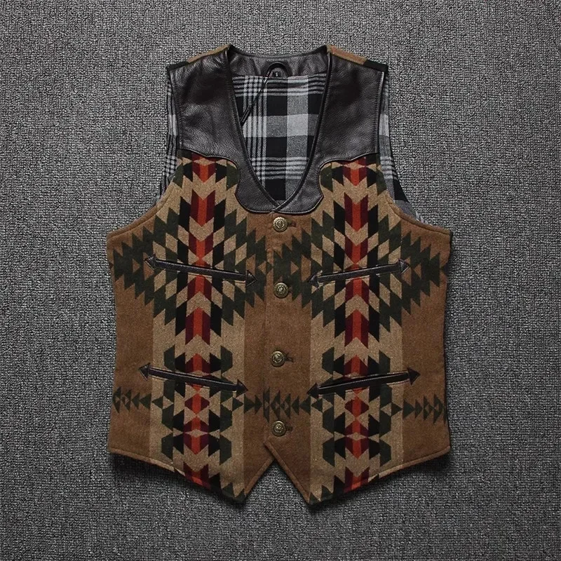 LNY Shop Best.Brand Retro splicing Western style real leather Vest.Cool Cowhide coat.Fashion vest.quality