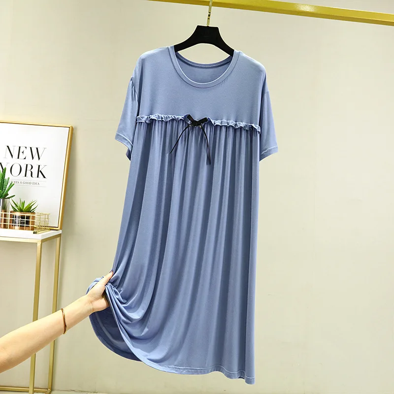 Modal Nightgown Summer Thin Nightdress Short Sleeve Sleepwear Bowknot Round Collar Nightwear Comfortable Women's Home Clothes