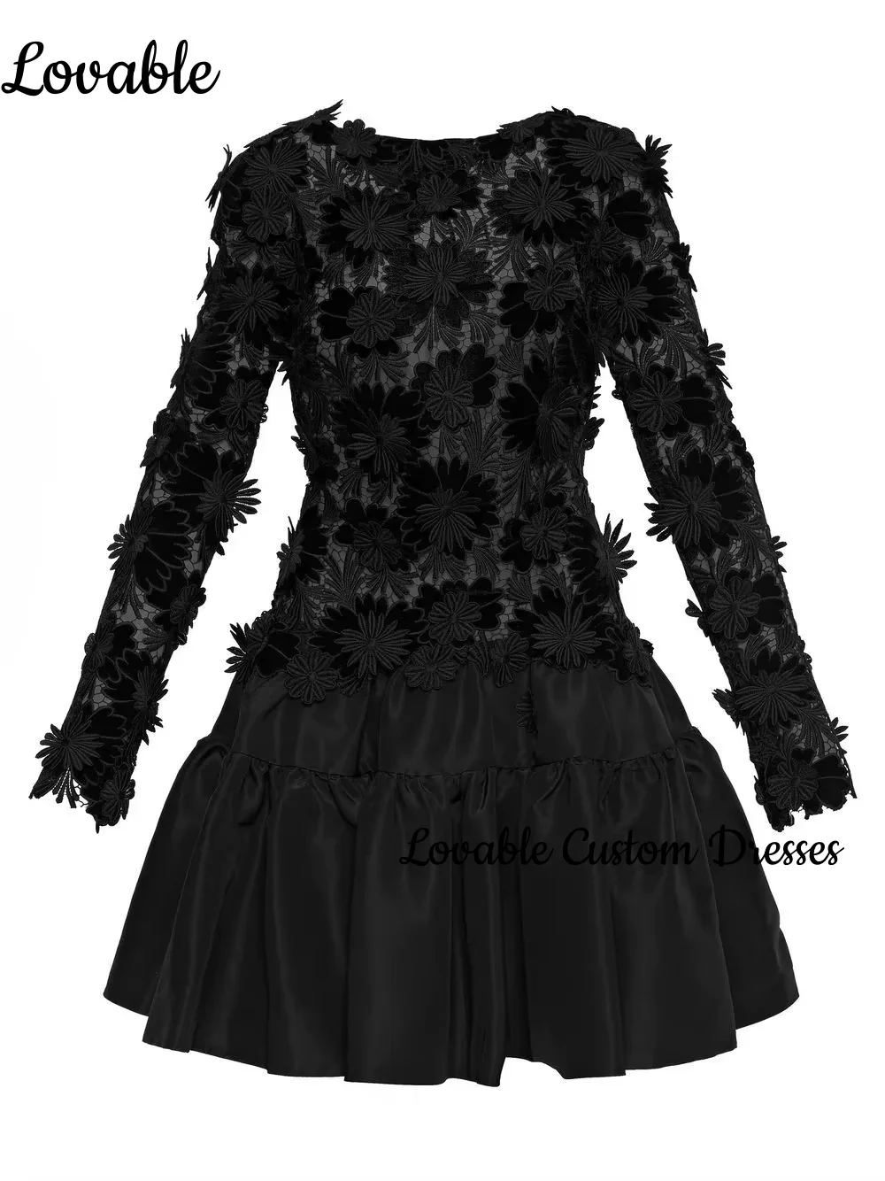 맞춤형 프롬 드레스 하이넥 긴팔 프롬 드레스 A라인 3D 레이스 홈커밍 드레스 블랙 파티 이브닝 드레스 오픈백