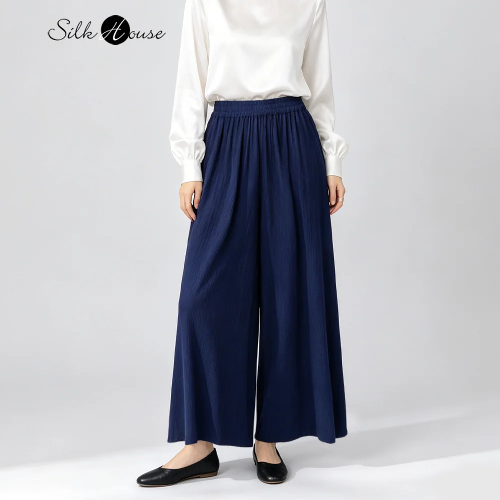 

Plus Size Women's Casual New Versatile Loose 100% Natural Mulberry Silk Bark Wrinkles Elastic Waist Skin Friendly Wide Leg Pants