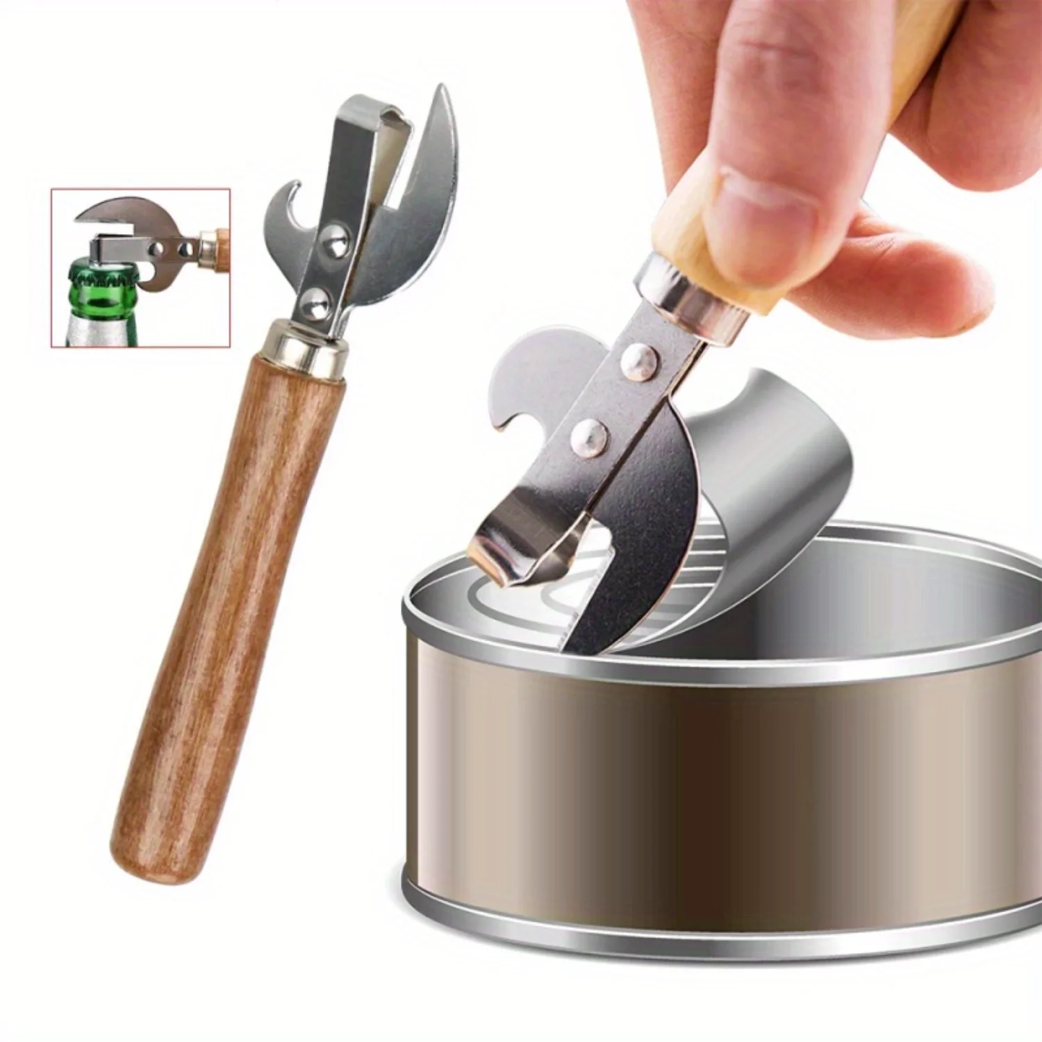 Easy-Grip Stainless Steel Can Opener With Wooden Handle - Durable, Safe Manual Jar & Bottle Opener For  And Professional Use