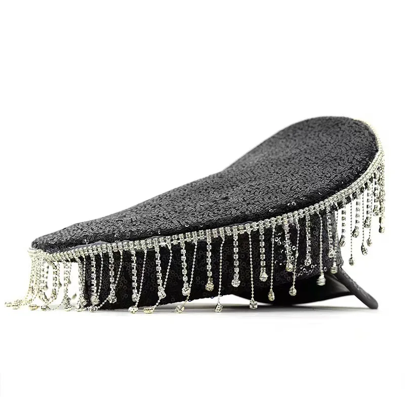 HongLuan Yellow Laser Leather Loop Captain Hat Rhinestone & Military Caps for Woman, Rave Festivals Accessories ＆ Party Cap Man