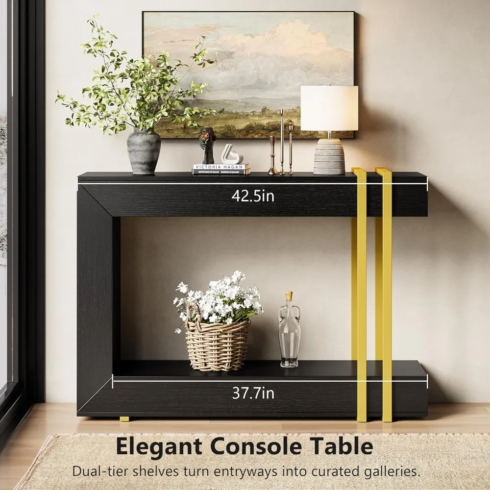 طاولة وحدة تحكم 42.5 خلف الأريكة، طاولة مدخل ضيقة من طبقتين مع مساحة تخزين، طاولات أريكة خشبية للممر/المدخل/غرفة المعيشة