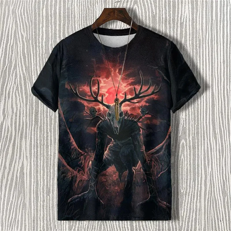 Demon Antlers Cat Pattern T Shirt For Men Retro 3D Printed Tees Summer Casual Short Sleeve Oversized Round Neck Tops T-Shirts