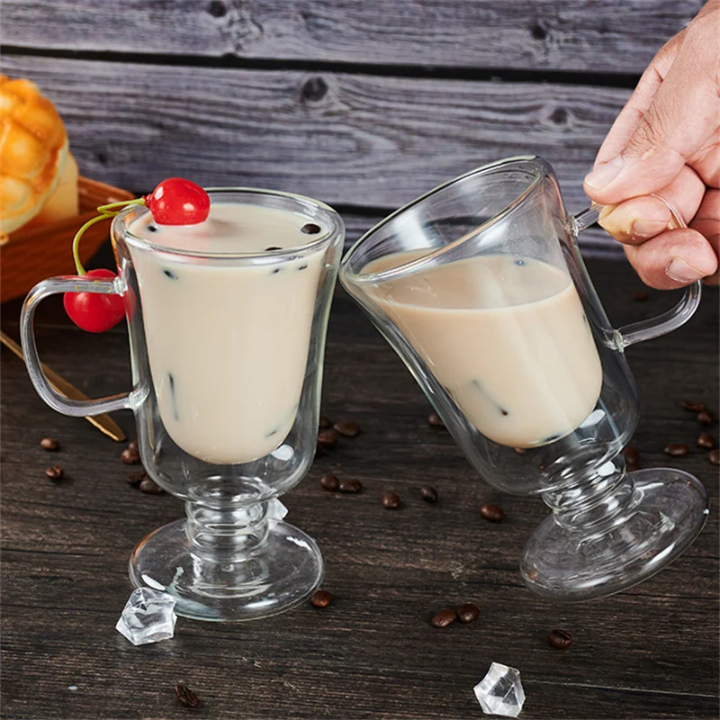 Double Wall Glass Irish Coffee Mug Bubble Tea Milkshake Cup Ice Cream Cup with Handle Milk Fruit Juice Glass Cup