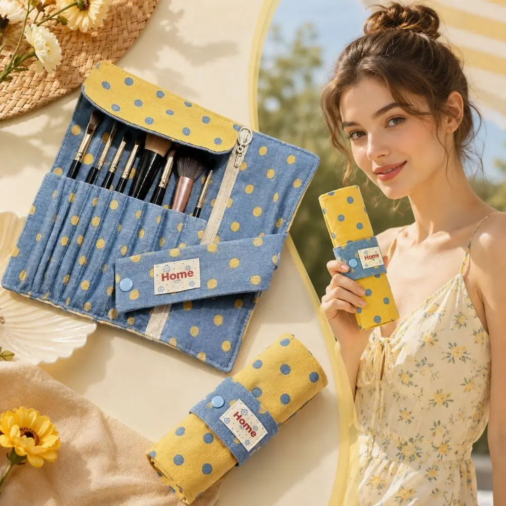 Cute Polka Dot Makeup Storage Bag 10 Slots Large Capacity Makeup Brush Bag Portable Canvas Makeup Tool Bag Multipurpose