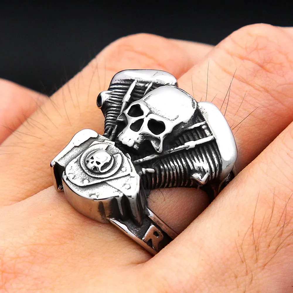 Classic Punk Biker Skull Motorcycle Engine Stainless Steel Ring For Men Women Gothic Hip Hop Men Rider Daily Fashion Jewelry view 6