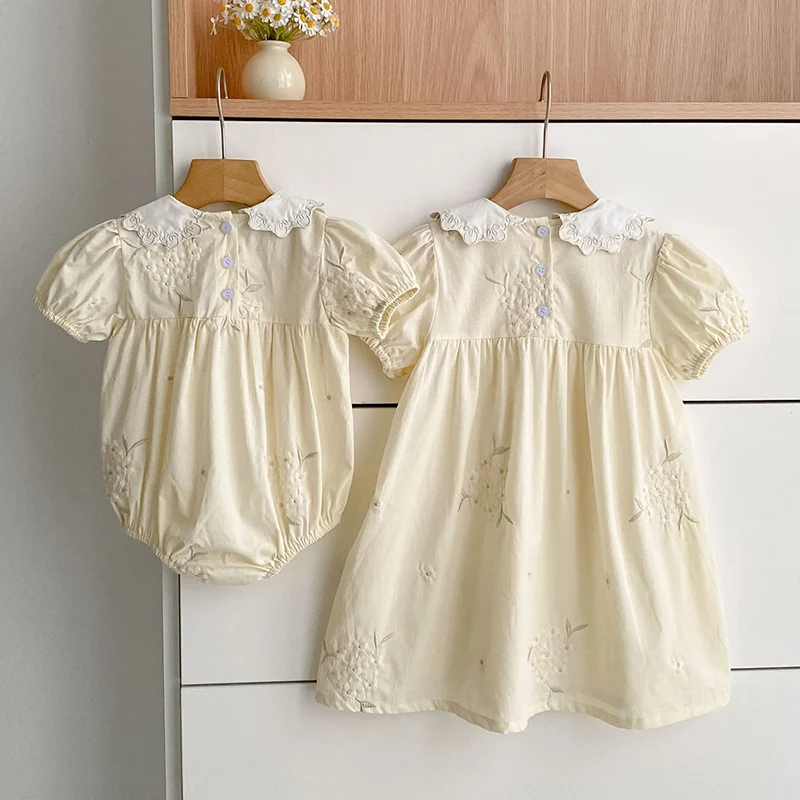 2026 New Summer Sister Clothing Kids Princess Dresses 2-6Yrs Girl Party Dress Short Sleeved Cotton Embroidery Baby Romper