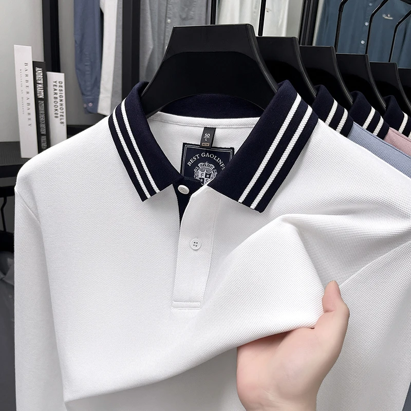 

Весенне-осенняя рубашка-поло из чистого хлопка с длинными рукавами, мужская повседневная рубашка с воротником из шелка и хлопка, однотонная дышащая базовая рубашка