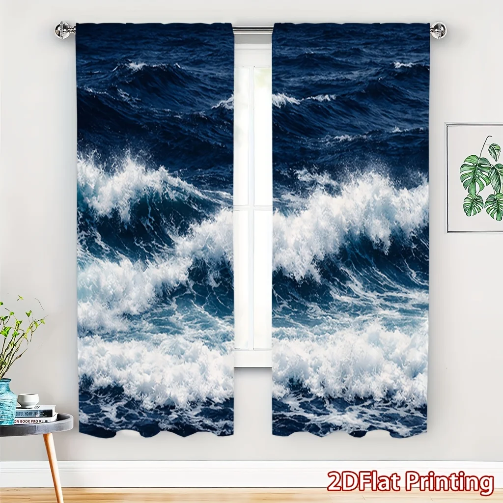Deep Blue Ocean Wave Curtain, Realistic Sea Foam & Stormy Water Print Drape, Nautical Marine Scenery Window Treatment for Living